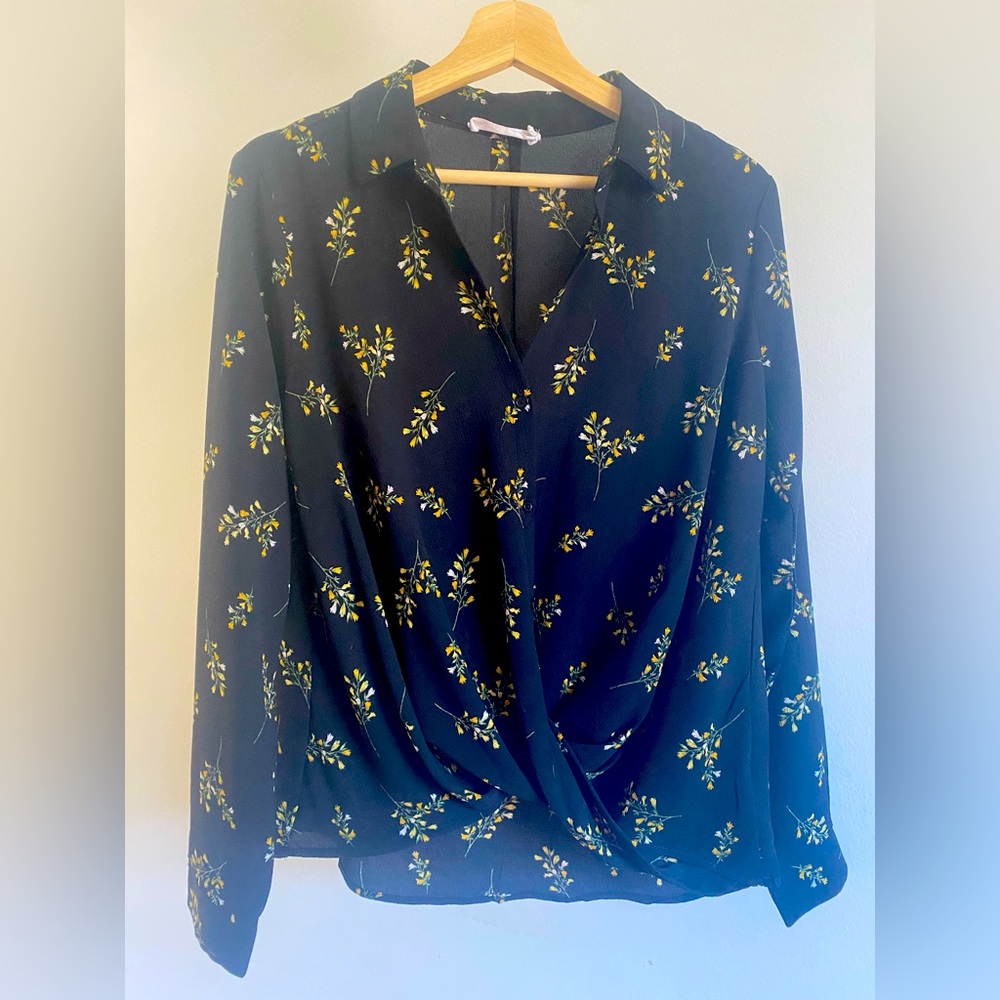 All In Favor Black Long-Sleeved Blouse with Yellow Floral Pattern